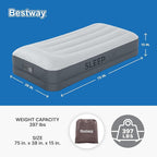 SleepLux Twin Air Mattress Supersoft Snugable Top Extra Durable Tough Guard with Built-in Pillow Raised 15" Airbed with Built in Pump + USB Charger Twin 15", Small, Grey