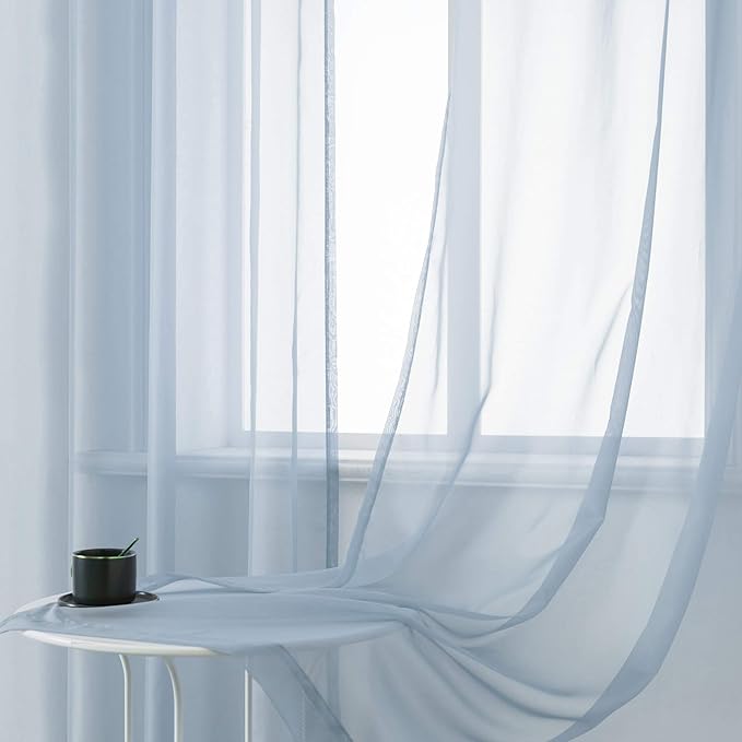 DUALIFE Dusty Blue Sheer Curtains 96 Inch Length for Living Room Decor Set of 2 Panels Grommet Window Look Semi Sheer Transparent Grey Blue Sheer Curtains for Bedroom 52x96 Inches Long Stone Blue