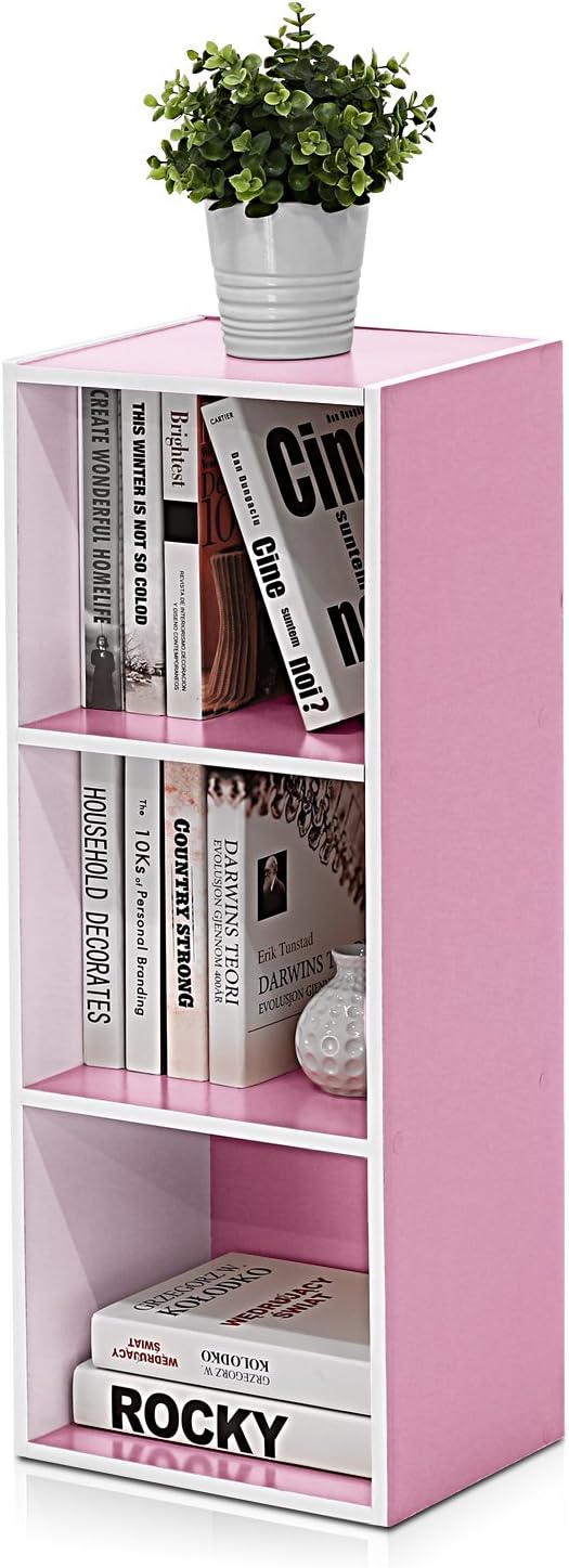 Furinno LUDER Book Shelf, 3-Cube Bookshelf, Bookcase, 9.3" x 12" x 31.5", for Living Room, Bedroom, Home Office, White/Pink