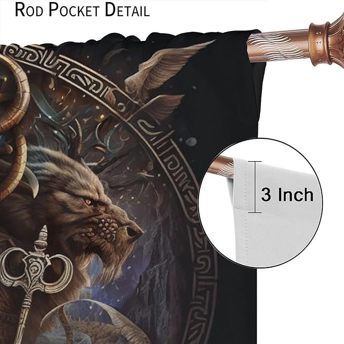 Cool Norse Viking Theme Curtains,Fantasy Ancient Symbols Wildlife Wolf Nordic Vikings Window Drapes Thermal Insulated Rod Pocket Blackout Drapes for Bedroom 2 Panels 63L x 36W