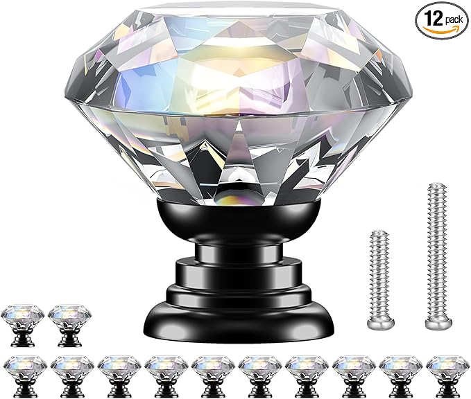 POZEAN Crystal Cabinet Knobs 12Pack, 1.18inch Dresser Knobs for Cabinet, Drawer with Two Different Sizes Screws, Diamond Glass Pulls Handles (30mm, 12Pack, Clear-Black)