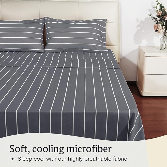 LuxClub 4 PC Queen Size Sheet Set Bed Sheets, Breathable Luxury Deep Pockets 16" Wrinkle Free Cooling Sheets Machine Washable Hotel Bedding (Queen, Striped Light Grey)