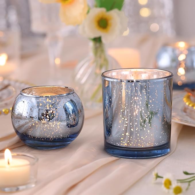 20 Pcs Assorted Blue Votive Candle Holders, Larger Size Mercury Glass Candle Holder Bulk, Glass Tea Light Candle Holders for Wedding Decorations, Blue Centerpieces for Tables, Baby Shower