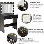 Vanity Desk, Makeup Vanity with Mirror and Lights, Adjustable Brightness and Sturdy Wood Vanity Large Drawer, 31.5in, Black