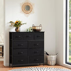 Sweetcrispy Dresser for Bedroom with 9 Storage Drawers, Tall Large Fabric Storage Tower Organizer, Chest of Drawers with Metal Frame Wooden Top for Nursery, Closet, Living Room, Entryway, Black