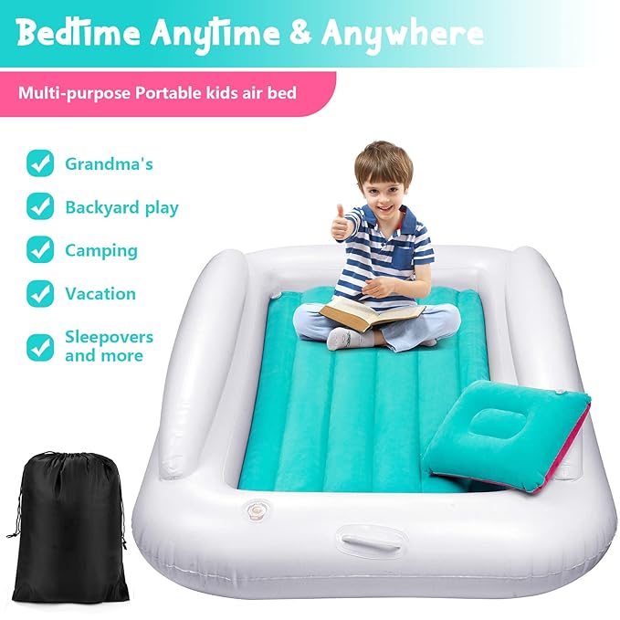 Inflatable Toddler Travel Bed, Portable Toddler Bed | Kids Air Mattress with Sides | Reversible 2 Colors Kids Blow Up Mattress -Mint Green & Pink