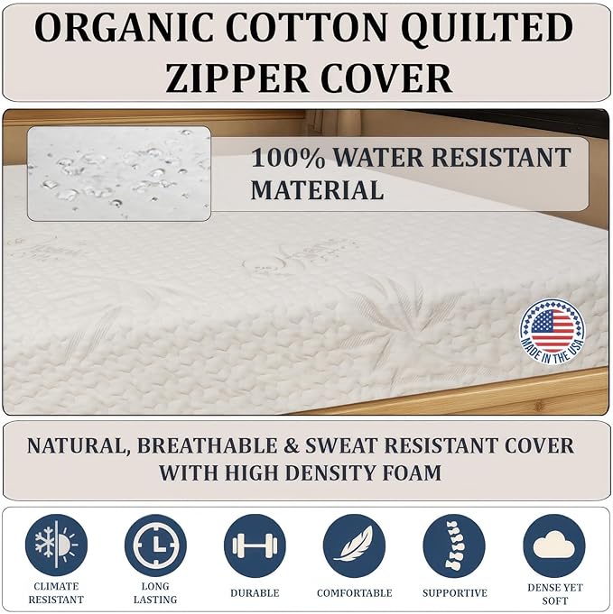 Foamma 8” x 30” x 80” Camper/RV Travel High-Density Foam Bunk Mattress, Organic Cotton Cover, Made in USA, Comfortable, Travel Trailer, CertiPUR-US Certified