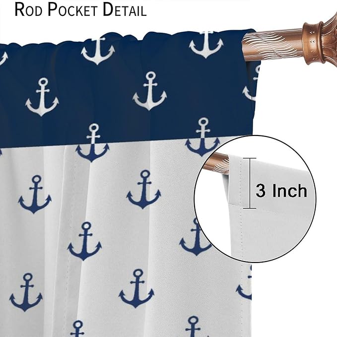 Anchor Pattern Curtains, Nautical Theme Navy Blue White Anchor Sea Life Adventure Print Blackout Window Treatments for Living Room Boys Men's Bedroom 84x84in