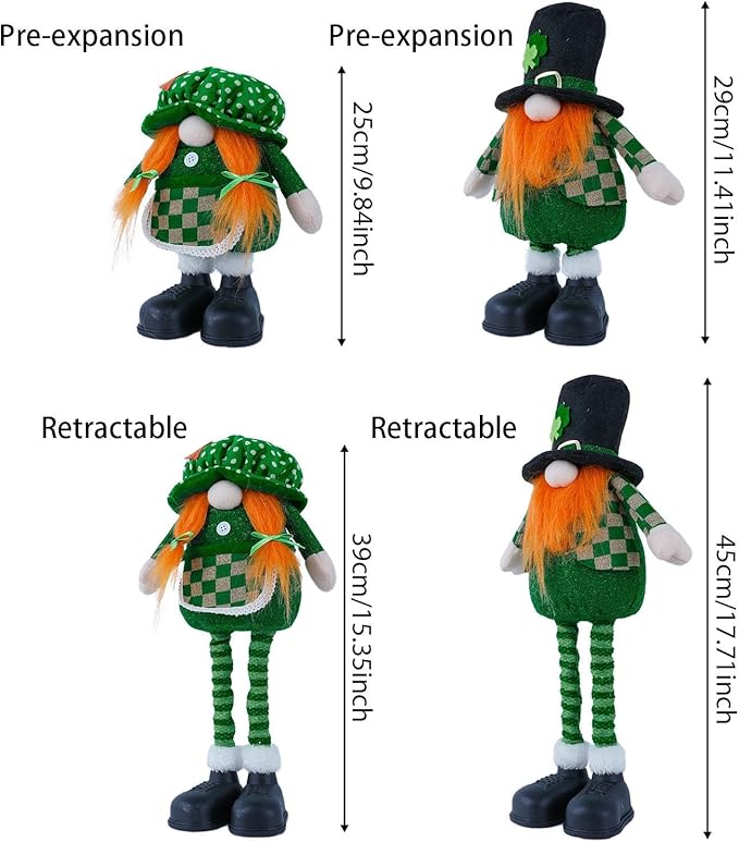 Standing St.Patrick's Day Gnome Plush Doll with Retractable Legs Nordic Scandinavian Swedish Dwarf Gnome Figurines Wearing Glitter Clothes & Black Boots Lucky Green Shamrock Irish Table Decor (2PCS)