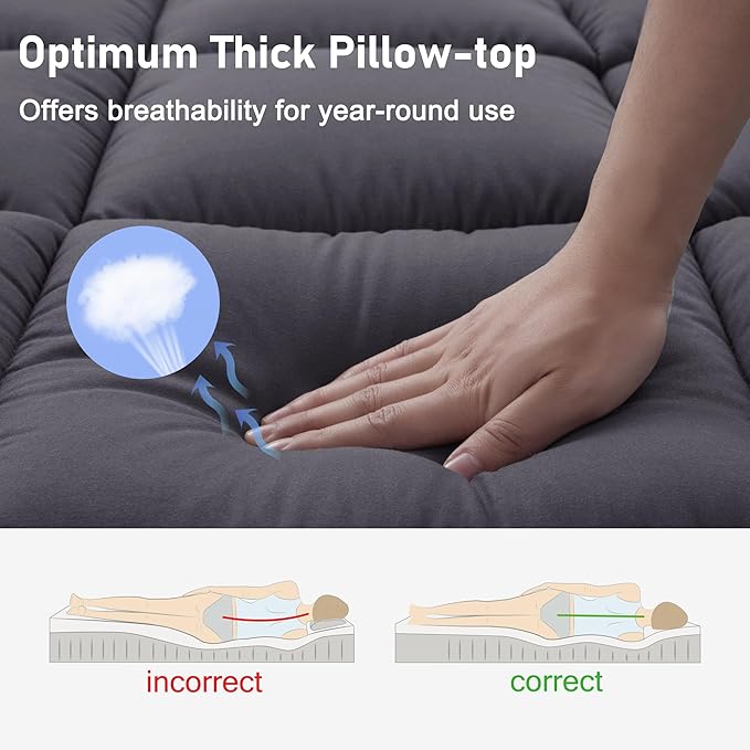 Full Mattress Topper Extra Thick Pillowtop Cooling Mattress Topper Plush Mattress Pad Cover Protector with 8-21 Inch Deep Pocket 3D Snow Down Alternative Fill Grey