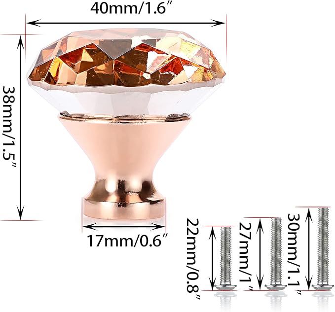 JUXYES 8 Pack 40mm Glass Crystal Cabinet Handles Knobs, Rose Gold Diamond Glass Handle Decorative Drawer Knob Modern Cupboard Door Handle Knobs for Dresser Drawer Cabinet Closet