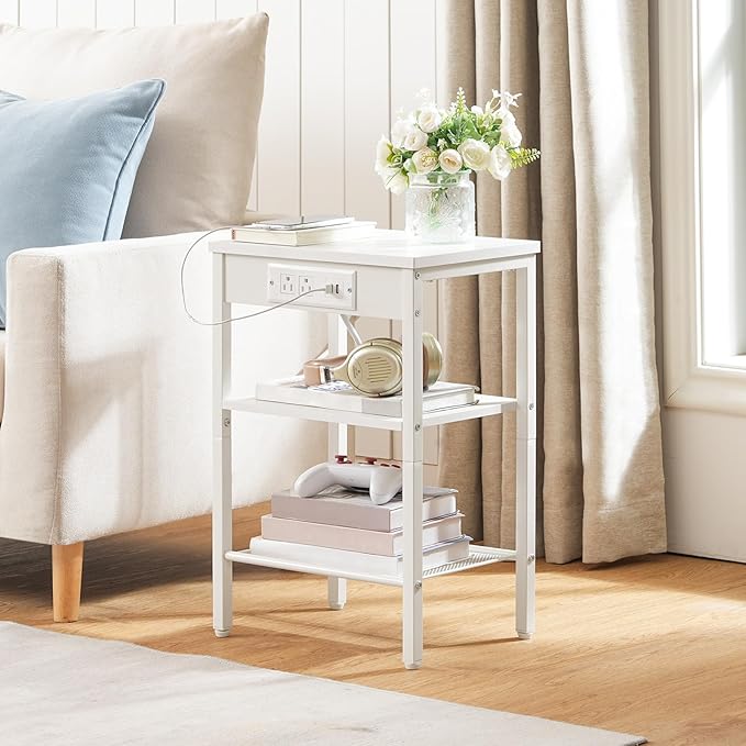 HOOBRO Side Table with Charging Station and USB Ports, Small End Table for Small Space, 3-Tier Nightstand with Adjustable Shelf, for Living Room, Bedroom and Balcony, White WW112BZ01