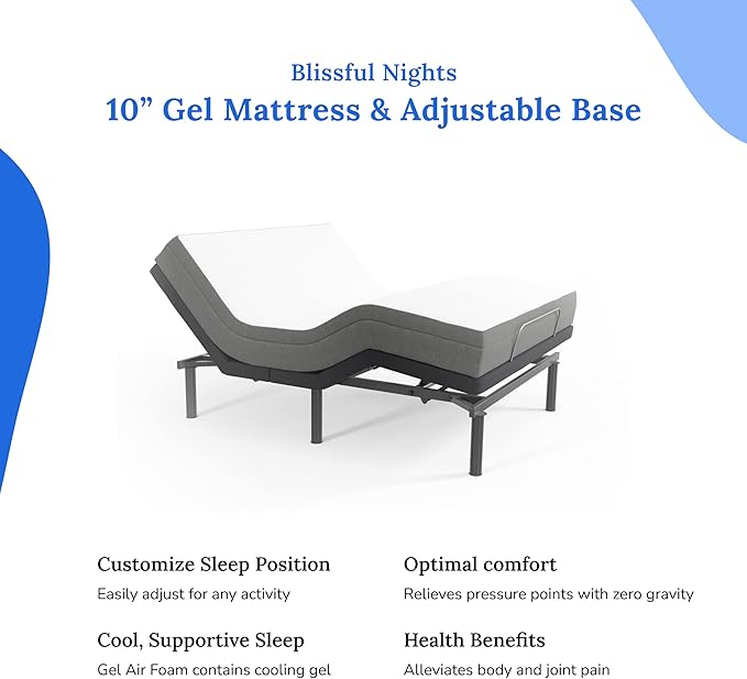 Blissful Nights e3 Split King Adjustable Bed Base Frame with 10" Medium Firm Gel Infused Memory Foam Mattress