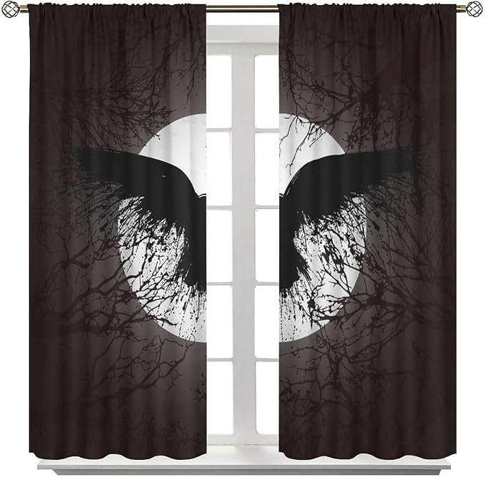 Cool Raven Print Curtains for Bedroom - Vintage Nordic Viking Theme Dead Tree Crow Full Moon Window Treatment,Energy Saving Thermal Insulated Rod Pocket Bedroom Blackout Curtains 2 Panels 72L x 31.5W