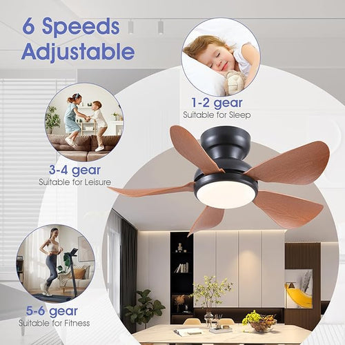 32 Inch Modern Ceiling Fans with Lights, Small Flush Mount Ceiling Fan with Light and Remote/APP Control, 5 Reversible 6 Speeds Curved Blades, 3 CCT Dimmable Lights for Kids Room, Brown