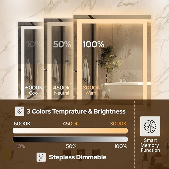 72 x 36 LED Bathroom Mirror with Lights, Lighted Bathroom Vanity Mirror for Wall, Espejos para Baños, Frontlit & Backlit, Anti-Fog, Shatterproof, 3 Adjustable Color Temperatures & Memory Function