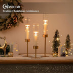 Gold Hurricane Taper Candle Holders: Glasseam 3Pcs Brass Candlestick Holders with Ribbed Glass Cylinder Cover Fluted Tall Candle Sticks Holder Decor for Table Centerpiece Wedding Christmas Decorations