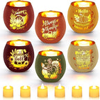 VIHOSE 6 Set Thanksgiving Votive Candle Holders with 6 LED Battery Operated Candles Fall Glass Tealight Holders Fall Table Decorations for Home Table Centerpiece Decor Gifts
