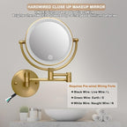 Make up Mirror Wall Mounted Lighted 10X Magnifying Hard Wired, Double Sides 3 Color Lighting Touch Dimming, 360 Swivel Extended Arm Shaving Light up Mirror for Bathroom, Antique Brass
