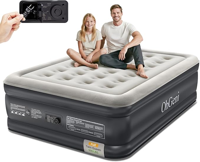 OhGeni Air Mattress Full with Built-in Pump,18'' Comfortable Blow Up Colchones Inflables Mattress for Home,Guests,Foldable,Portable Bed for Adults,Durable Airbed Supports Up to 600 lbs,Black