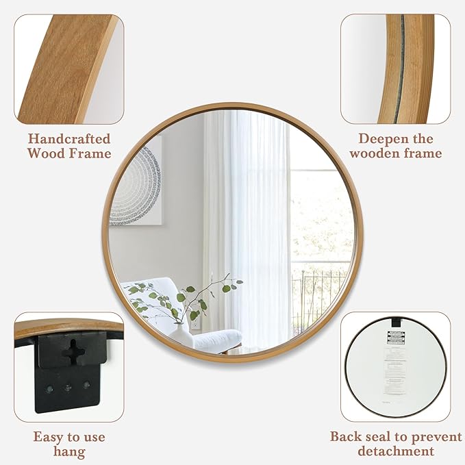 WallBeyond Round Wood Mirror 28" Circle Wall Mirror for Bathroom Round Wall Mirror for Wall Decor, Vanity, Entryway Living Room, Honey