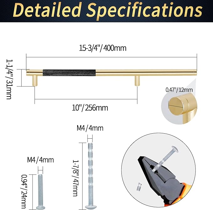 Knurled Cabinet Pulls 2 Pack, 16 Inch Long Cabinet Handles Metal Door Pulls, Kitchen Drawer Pull Knurled Dresser Handles - 10" Hole to Hole, Black & Gold