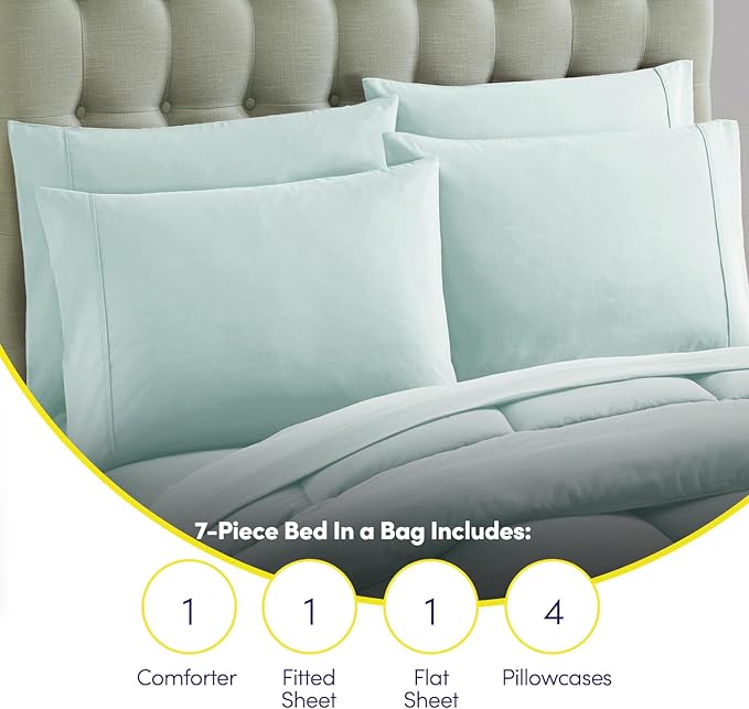 California King Comforter Set - Soft & Breathable 7-Piece Bedding Collection - 1 Comforter, 1 Fitted Sheet, 1 Flat, 4 Pillowcases - Deep Pocket - Premium Quality - Ideal for All Seasons, Aqua