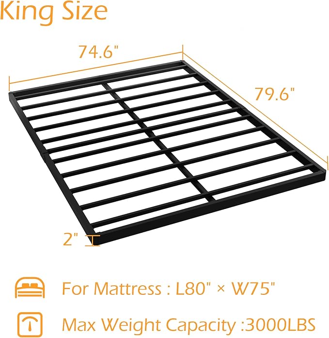 King Size Box Spring 2 Inch Low Profile, Heavy Duty Metal Box Spring Bed Base Bunkie Board, Mattress Foundation, Easy Assembly, Noise Free, Black