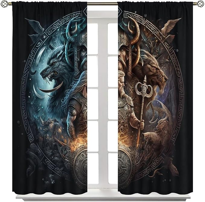 Cool Norse Viking Theme Curtains - Fantasy Ancient Symbols Wildlife Wolf Nordic Vikings Thermal Insulated Blackout Curtains - Rod Pocket Window Treatment Drapes for Bedroom 2 Panels 63L x 27.5W