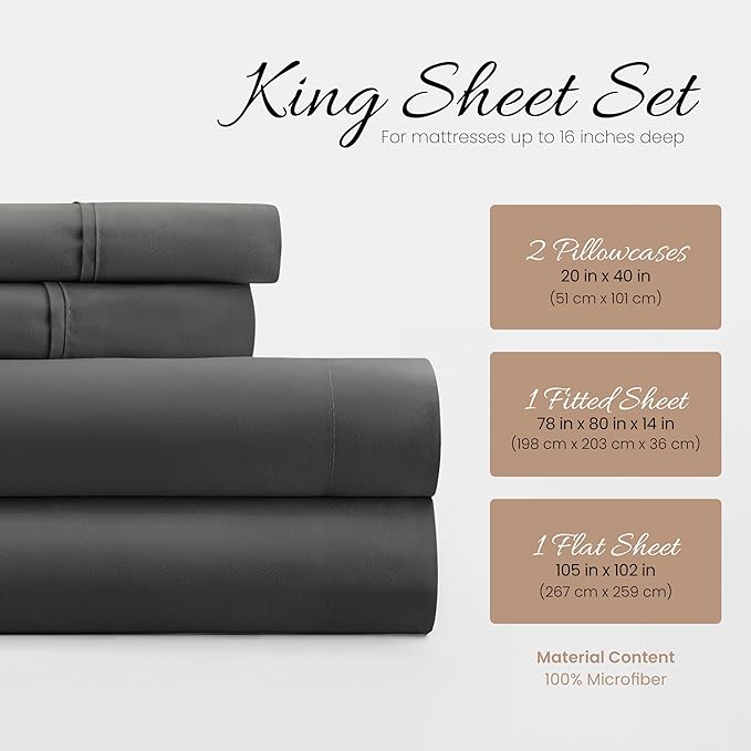 Linen Market Brushed Microfiber King Sheet Set 4 Piece – Oeko-TEX Certified Ultra Soft & Wrinkle-Free - 16" Deep Pocket Sheets - Easy Care King Size - Gray