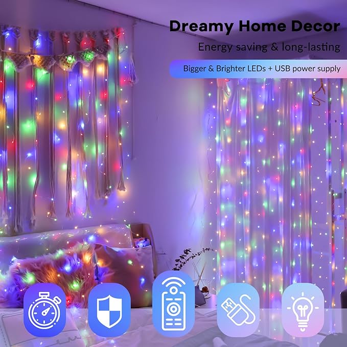 HXWEIYE 300LED Fairy Curtain Lights, 9.8x9.8Ft USB Plug-in 8 Modes Christmas String Hanging Lights with Remote for Bedroom Backdrop Wedding Party Indoor Wall Decor, Multicolor, Standard