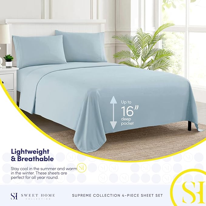 Split King Sheets - Breathable Luxury Sheets with Full Elastic & Secure Corner Straps Built In - 1800 Supreme Collection Extra Soft Deep Pocket Bedding Set, Sheet Set, Split King Size, Light Blue