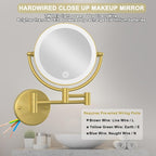 Make up Mirror Wall Mounted Lighted 10X Magnifying Hard Wired, Double Sides 3 Color Lighting Touch Dimming 360 Swivel Extended Arm Shaving Mirror for Bathroom, Brushed Gold