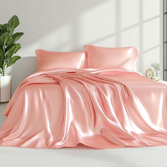 Love's cabin Twin Satin Sheets Sets - 3 Piece Coral Silky Bed Sheets with Deep Pockets, Luxury Silk Feel Satin Twin Size Sheet Set Bedding Set (1 Flat Sheet,1 Fitted Sheet,1 Pillow case)