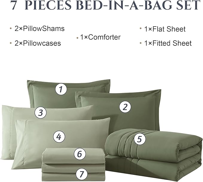 Monbix King Size Comforter Set - 7 Pieces Bed in a Bag King, Light Sage Green Bedding Sets with Comforter, All Seasons Down Alternative Comforter Bed Set with Sheets, Pillowcases & Shams