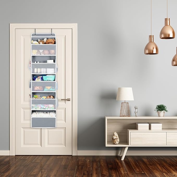 Univivi Hanging Storage Organizer Nursery Closet Cabinet Baby Storage with 5 Large Compartments 6 Side Pockets for Cosmetics, Toys and Sundries (Grey)