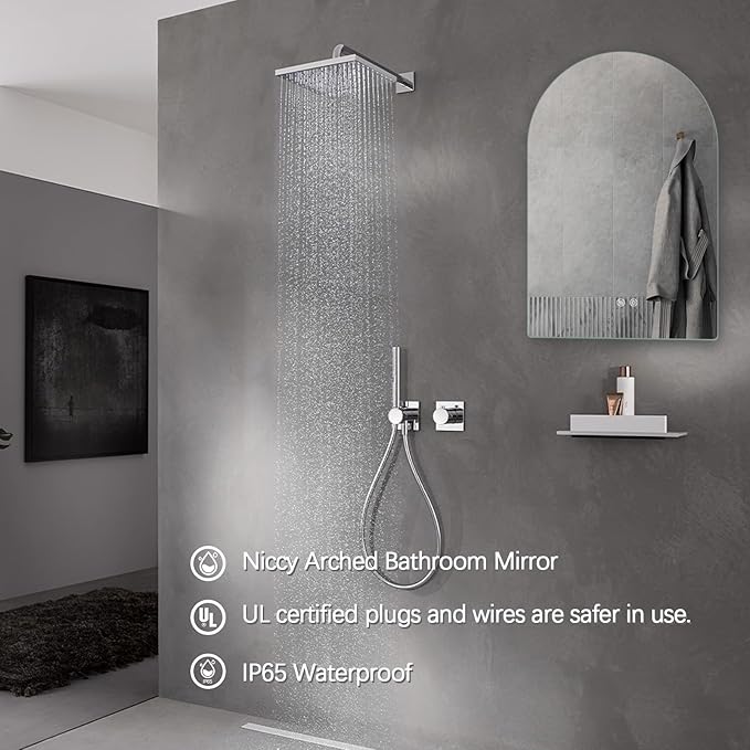 Niccy Arched LED Bathroom Mirror, 36x24 Inch Arch Frameless Backlit Mirrors for Wall Arched Lighted Vanity Mirrors Defogger and 3 Color, Explosion-Proof, HD Glass and IP65 Waterproof