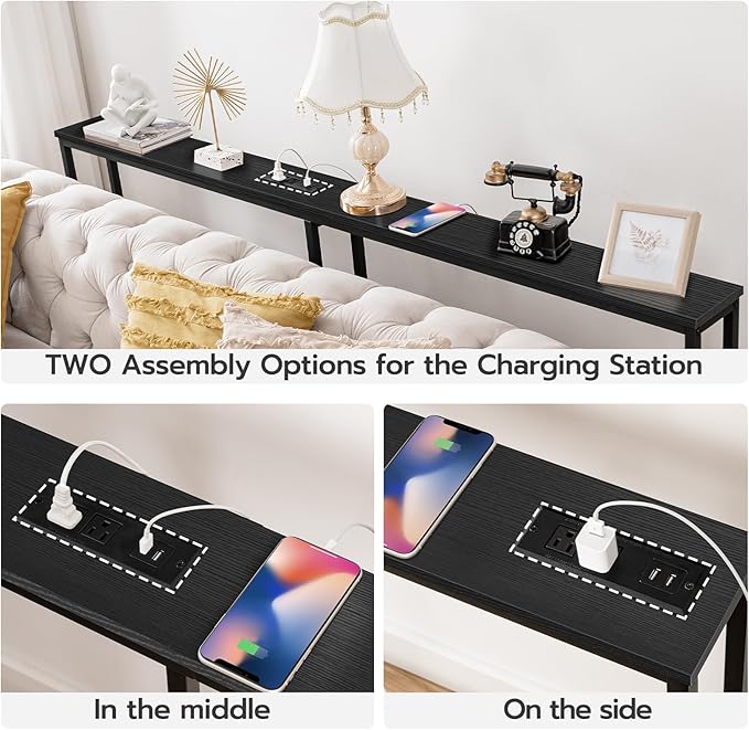 HOOBRO 63" Narrow Console Table with Charging Station, 5.9" Sofa Table with 2 Power Outlets and USB Ports, Long Entryway Tables Behind Couch Table, for Hallway, Livingroom, Black BB165UXG01