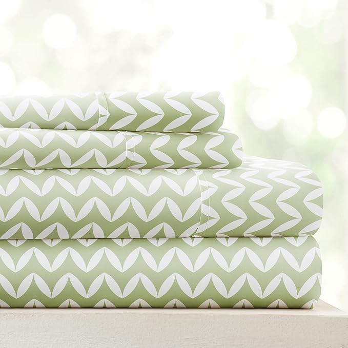 Linen Market 4 Piece King Sheet Set - Breathable, Double-Brushed Patterned Cooling Sheets – Oeko-TEX Certified Ultra Soft & Wrinkle-Free 16" Deep-Pocket King Sheets - Easy Care Puffed Chevron Sage