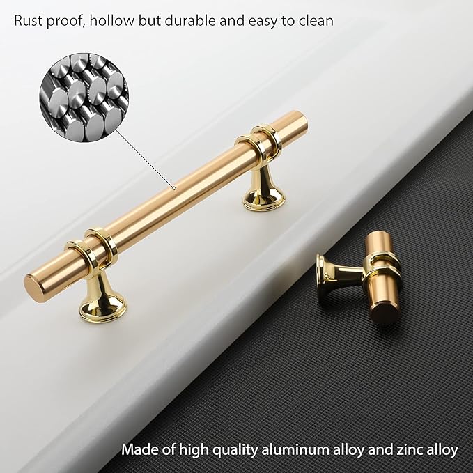 Lontan 10 Pack Gold Brass Kitchen Cabinet Knobs - T Bar Solid Drawer Knobs - Single Hole - Brushed Brass for Dresser Drawers