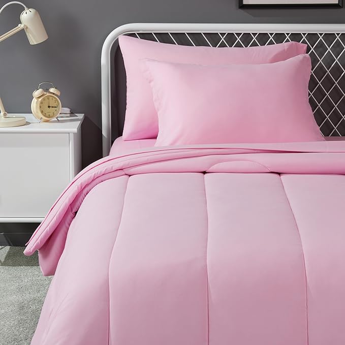 Amazon Basics 5 Piece Soft Microfiber Kid's Bed-in-a-Bag Bedding Set, Twin, Pink, Solid