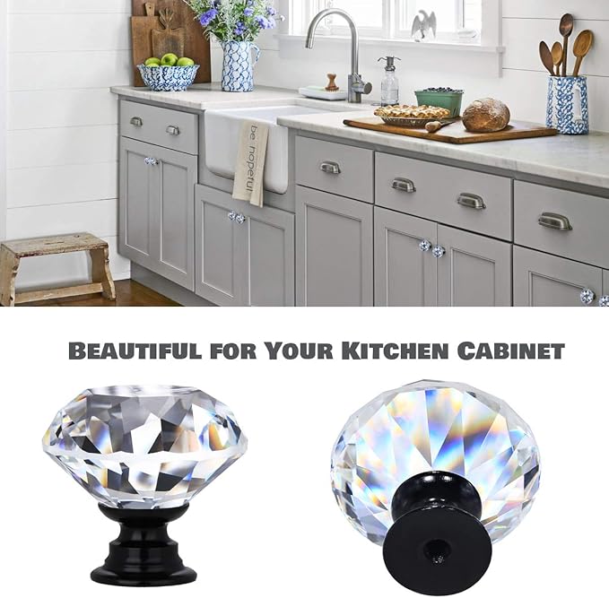 DEELF 26 Packs Kitchen Cabinet Knobs, 30 mm Crystal Cabinet Knobs, Diamond Dresser Handle Drawer Pulls, Dresser Knobs for Cabinets and Drawers, Black Base