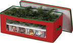Household Essentials Ornament Storage Box, 36 Piece with Dividers, Sturdy and Stackable with Handles and Clear Plastic Window, Red Polyester Linen with Green Trim