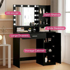 Vanity Desk with Mirror & Light, Large Drawer & Three Level Storage Dresser, 3 Lighting Modes Adjustable Brightness, Bedroom Dressing Table (Black)