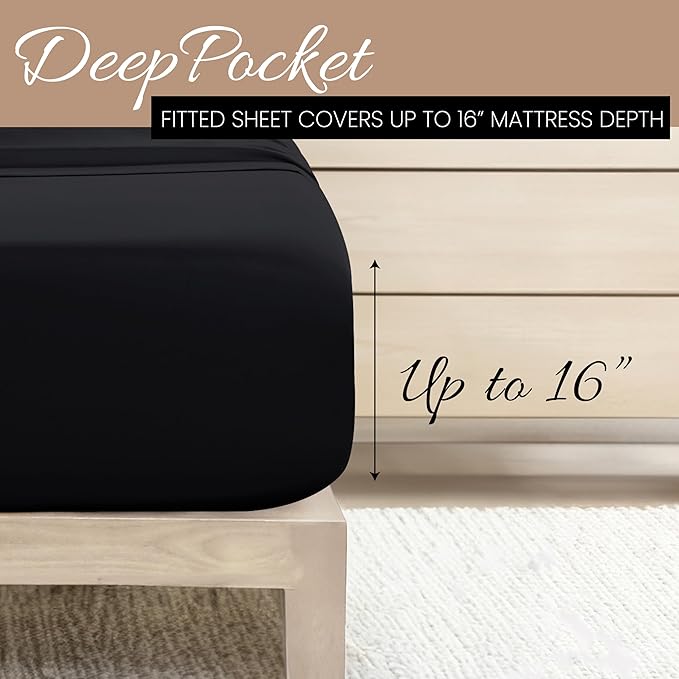 Linen Market Brushed Microfiber Queen Sheet Set 4 Piece – Oeko-TEX Certified Ultra Soft & Wrinkle-Free - 16" Deep Pocket Sheets - Easy Care Queen Size - Black