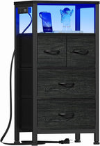 Furnulem Tall Night Stand with Charging Station and Led Light, Small Dresser with Open Shelf and 4 Storage Drawers, Black Side Table Fabric Nightstand for Bedroom, Entryway, Bedside Furniture