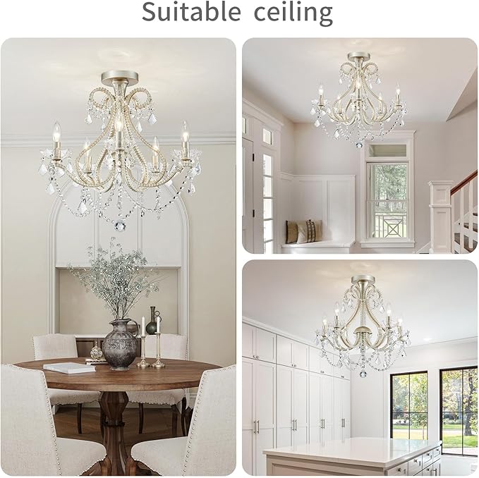 WUZUPS 5-Light Crystal Candle Chandelier Flushmount Ceiling Light Modern Lighting Fixture for Bedroom Hallway Bar Kitchen Bathroom, H 20.9" W 22", E12 Base, Brushed Nickel