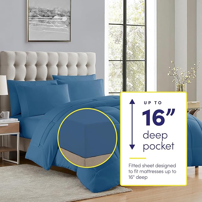 Sweet Home Collection 7 Piece Comforter Set Bag Solid Color All Season Soft Down Alternative Blanket & Luxurious Microfiber Bed Sheets, Denim, Queen