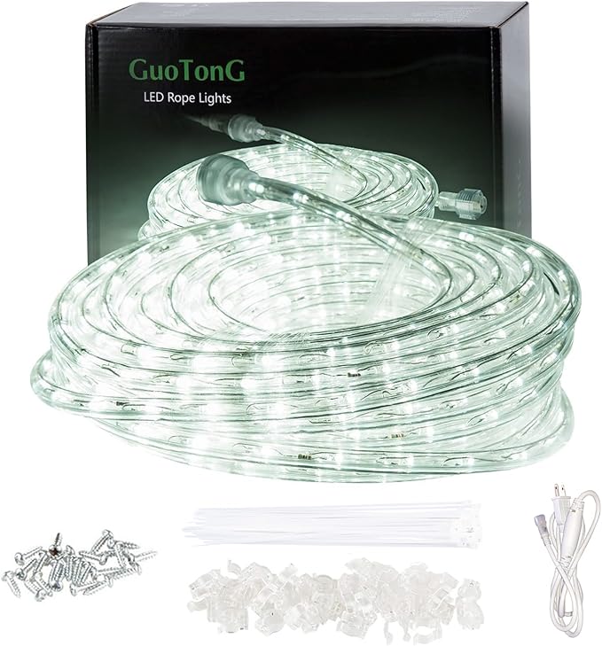 50ft/15m Plug in LED Rope Lights, 540 Daylight White LEDs, 110V, Waterproof,Connectable, Power Socket Connector Fuse Holder, Indoor/Outdoor Use, Ideal for Backyards, Decorative Lighting