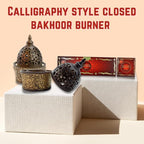 Intense Oud Calligraphy Style Closed Incense Burner – 8 Inch Tall Arabian Bakhoor Burner with Metal Tray, Frankincense Resin Burner for Home & Office Decor – (Xtra Value Pack)